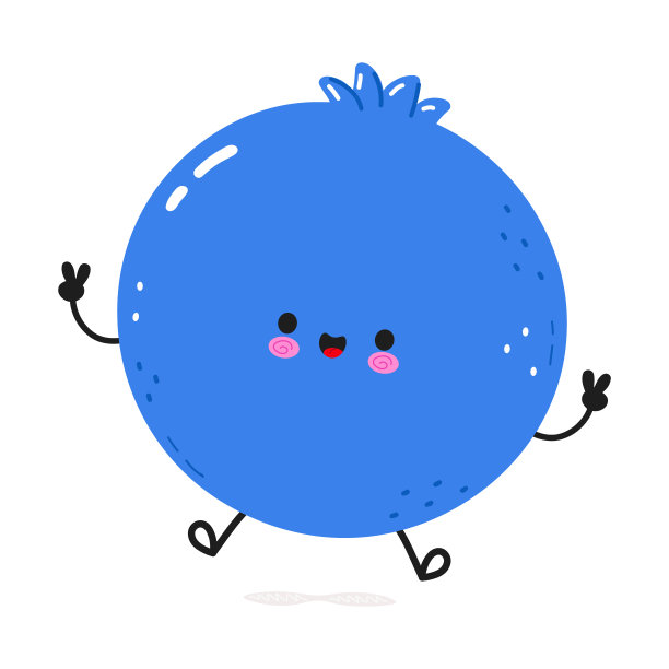 可爱有趣的蓝莓跳跃角色。矢量手绘卡通卡哇伊人物插图图标。孤立在白色背景上。蓝莓人物概念图片下载