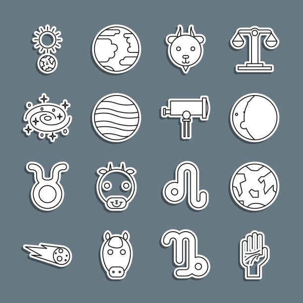 集线手相术，行星地球，日食太阳，白羊座十二星座，木星，银河系螺旋星系，至日和望远镜图标。向量图片下载
