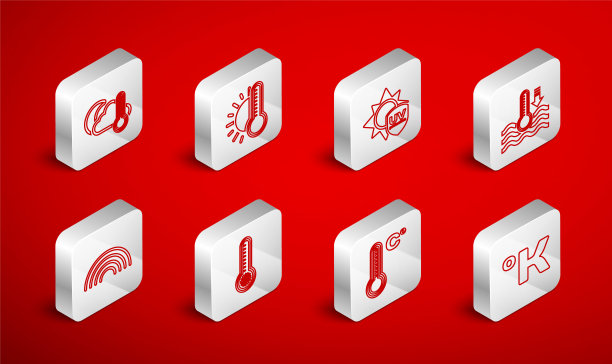 设置开尔文线，温度计与太阳，紫外线保护，水温度计，气象学，云，月亮和彩虹图标。向量图片下载