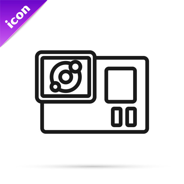 黑线动作极端相机图标孤立在白色背景。拍摄极限运动的摄像机设备。向量图片下载