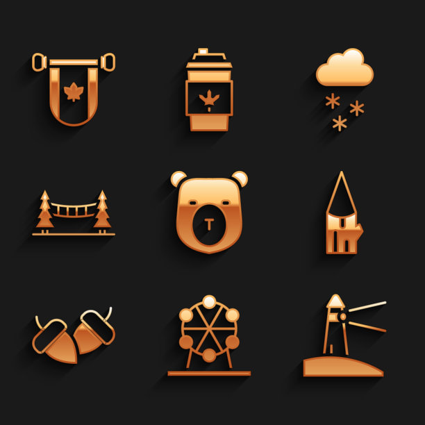设置熊头，摩天轮，灯塔，原木，橡子，卡皮拉诺吊桥，云与雪和三角旗加拿大图标。向量图片下载
