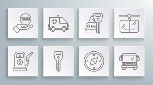 设置线汽油或加油站，救护车和紧急车，车钥匙，指南针，公共汽车，租赁，有线电视和手地图指针与出租车图标。向量图片下载
