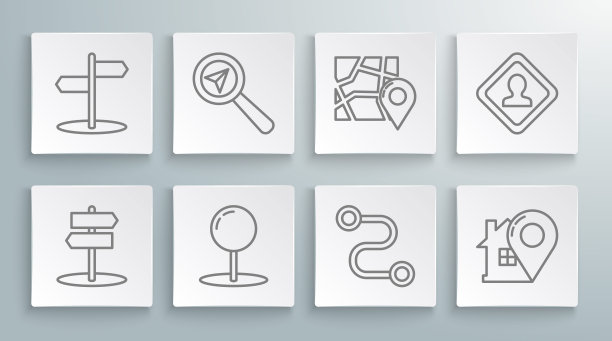 设置线道路交通标志，搜索位置，推针，路线，地图指针与房子，折叠地图标记，和图标。向量图片下载