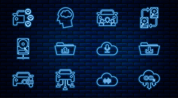 设置线上二氧化碳排放在云端，文件夹下载，汽车共享，上传，硬盘驱动器网络，音乐流媒体服务和头部剪影与图标。向量图片下载