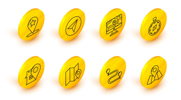 设置线折叠地图与位置标记，路线，地图指针房子，指南针，显示器和折叠，纸飞机和星星图标。向量图片下载