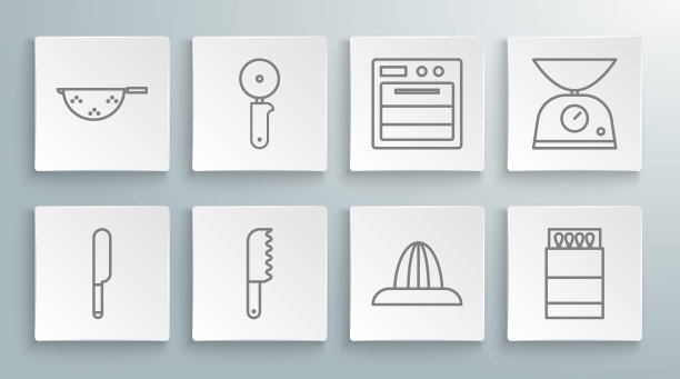 设置线刀，披萨刀，面包，柑橘果汁机，打开火柴盒和火柴，烤箱，鳞片和厨房滤器图标。向量图片下载