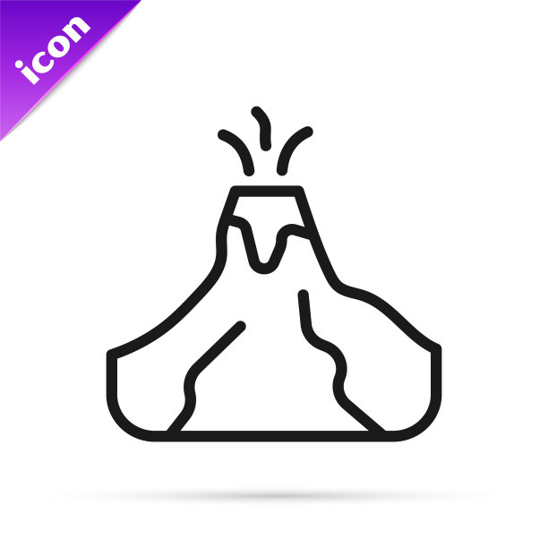 黑线火山爆发，白色背景上有孤立的熔岩图标。向量图片下载