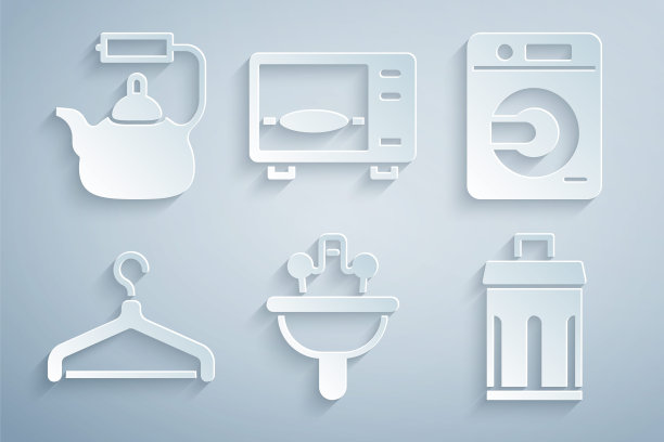 设置脸盆，洗衣机，衣架衣柜，垃圾桶，微波炉和水壶与处理图标。向量图片下载