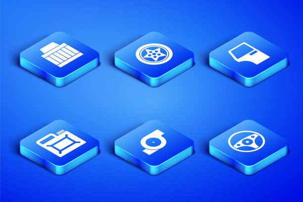 设置方向盘、汽车空气滤清器、汽车涡轮增压器、机油罐、车门图标。向量图片下载