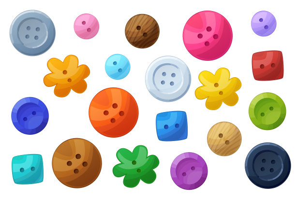 一套彩色按钮矢量插图孤立在白色背景。用于缝纫收集的卡通按钮图标。各种圆形、方形、花朵形状的纽扣，适合儿童时尚图片下载