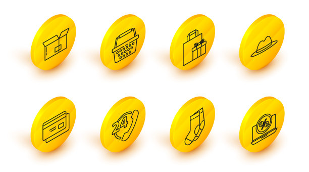 设定线百分之折扣和笔记本电脑，袜子，电话24小时支持，信用卡，男子帽子与丝带，礼盒，购物篮和纸箱纸板图标。向量图片下载