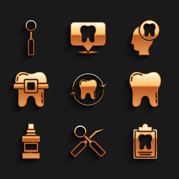 设置牙齿美白、牙齿检查镜、卡片、漱口水瓶、牙套、人头牙及图标。向量图片下载