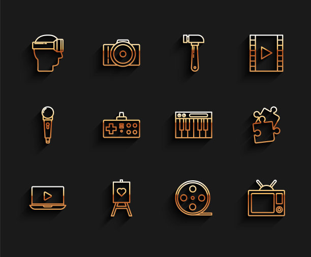 集线在线播放视频，木画架或绘画艺术板，虚拟现实眼镜，电影卷轴，电视，手柄，一块拼图和音乐合成器图标。向量图片下载
