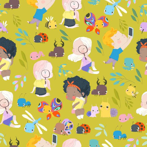 快乐的孩子发现昆虫的无缝模式图片下载