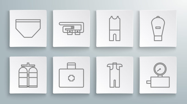 设置线水肺，潜水带，急救箱，潜水服，测量秤，提包和泳裤图标。向量图片下载