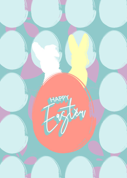 复活节背景海报与兔子和鸡蛋。优雅的假日背景设计。画兔子和鸡蛋。最小的模板在柔和的颜色。图片下载