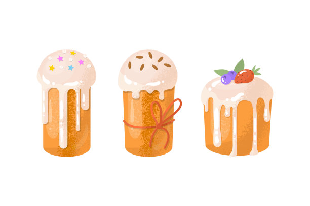 复活节蛋糕套装。复活节在四月的传统庆祝活动春天假期装饰房子的图片。覆盖糖霜的甜糕点。矢量插图。图片下载