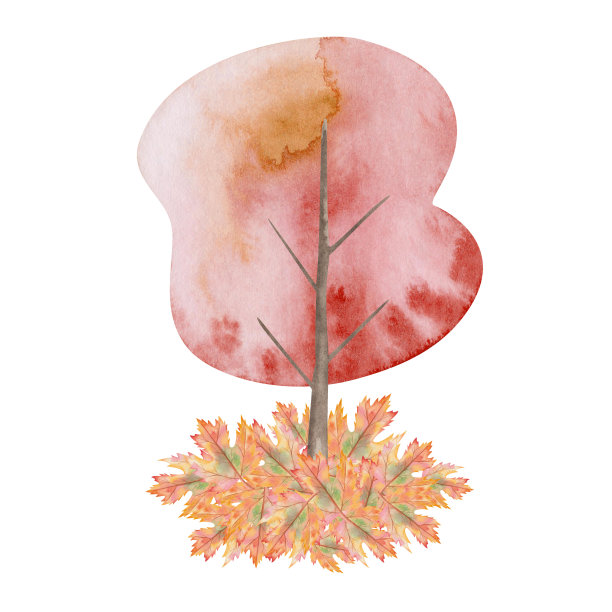 水彩插图。手绘的树有红色的树冠，树枝和掉落的黄色、棕色、橙色的叶子。秋天的树叶。森林，林地，公园风景。孤立的秋季剪贴艺术卡片，海报图片下载