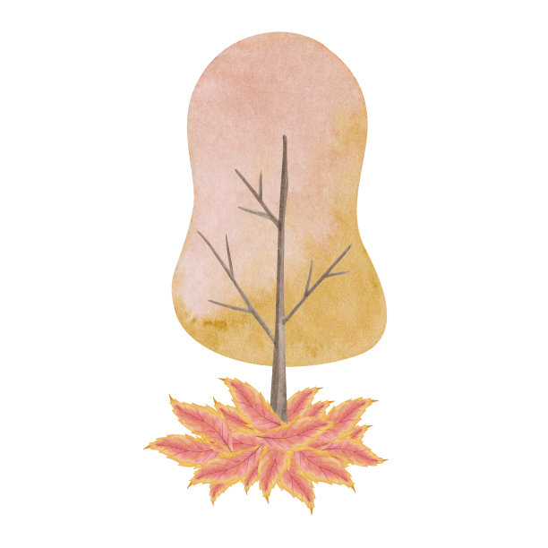 水彩插图。手绘的树有橙色的树冠，树枝和掉落的黄色、棕色、红色的叶子。秋天的树叶。森林，林地，公园风景。孤立的秋季剪贴艺术卡片，海报图片下载