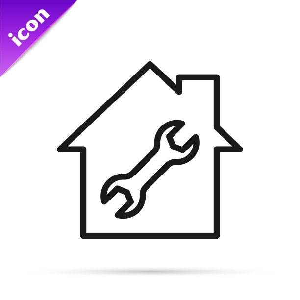 黑线房子或家，扳手图标孤立在白色背景上。调整，服务，设置，维护，修理，固定。向量图片下载