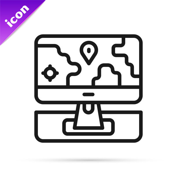 黑线计算机显示器和折叠地图与位置标记图标隔离在白色背景。向量图片下载