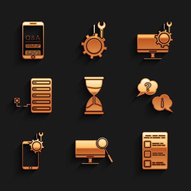 设置沙漏，计算机监控诊断，创建帐户屏幕移动，问题和感叹号，移动服务，服务器和图标。向量图片下载