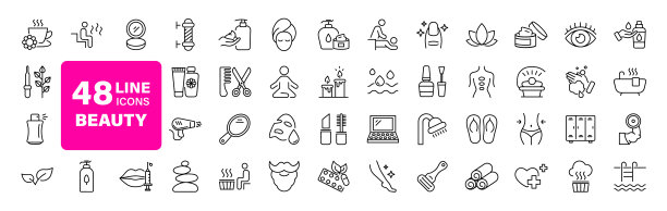 美容和水疗集网络图标的线条风格。化妆品服务&网络和移动应用程序的水疗图标。水疗治疗，皮肤护理，按摩，玻尿酸，精华液，抗衰老，毛孔紧致，美容图片下载