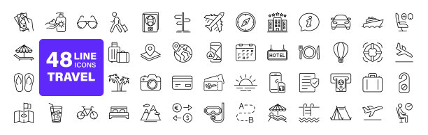 旅行和旅游一套网络图标的线条风格。网络和移动应用程序的旅行和度假图标。机场，门票，旅游，放松，酒店，娱乐休息，服务。矢量图图片下载