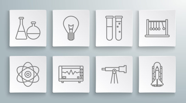 集线原子，灯泡与概念的想法，计算机监视器心电图，望远镜，航天飞机和火箭，试管烧瓶化学实验室，钟摆和图标。向量图片下载