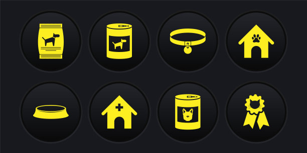 设置宠物食品碗，狗屋和爪印宠物，兽医医院，狗罐头，项圈和图标。向量图片下载