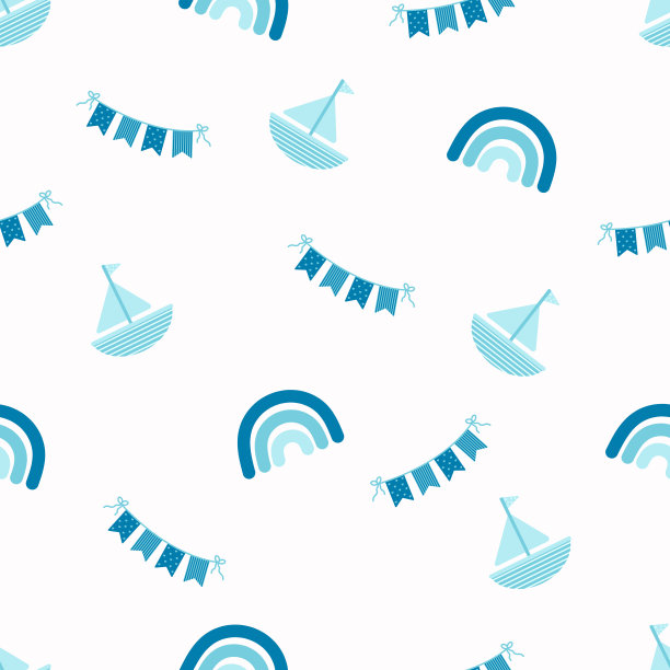 剪贴簿无缝背景。蓝色婴儿淋浴图案。可爱的印花船，彩虹和三角形旗帜图片下载