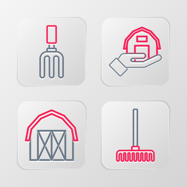 集线花园耙，农场房子，在手中和图标。向量图片下载