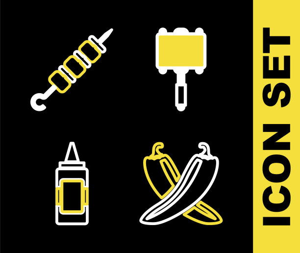 设置线烧烤钢网格，交叉热辣椒豆荚，芥末瓶和烤羊肉串图标。向量图片下载