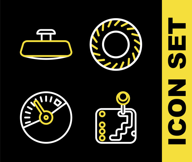 设置线汽车轮胎，换挡，速度计和镜像图标。向量图片下载