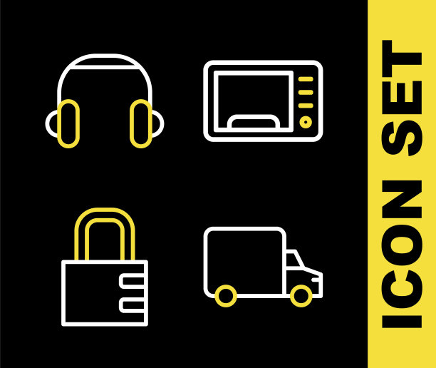 设置线微波炉，送货卡车，安全密码锁和耳机图标。向量图片下载