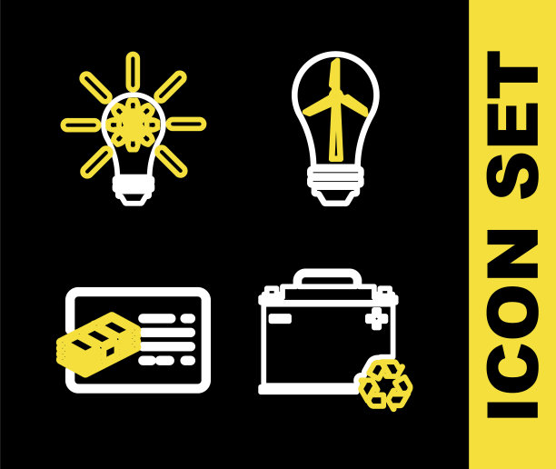 设置线灯泡与风力发电机，汽车电池回收，财务文件和齿轮图标。向量图片下载