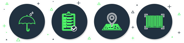 设置送货清单，占位符地图，雨伞和雨滴和条形码图标的行验证。向量图片下载