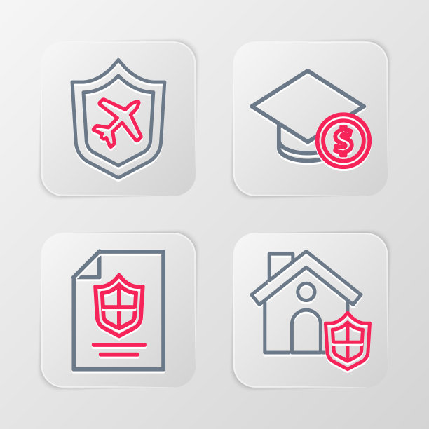 设置线房子盾牌，合同，毕业帽和硬币和飞机图标。向量图片下载