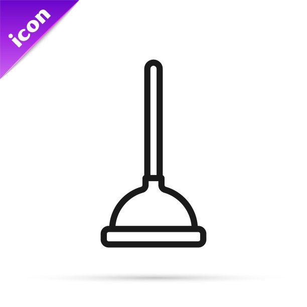 黑线橡胶柱塞与木柄管道清洗图标隔离在白色背景。刷马桶的刷子。向量图片下载