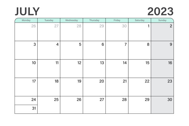 2023年7月插画矢量台历或计划表周从周一开始，主题为浅绿色和灰色图片下载