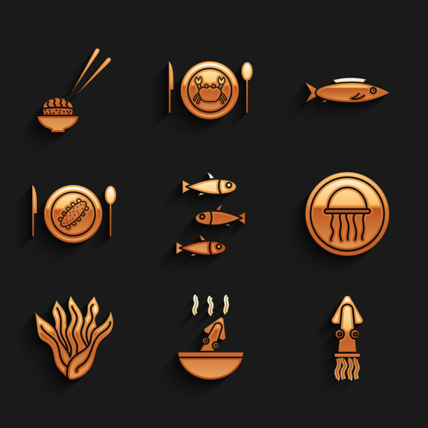 集鱼，汤与章鱼，章鱼，水母在一盘，海藻，服务黄瓜，和寿司图标。向量图片下载