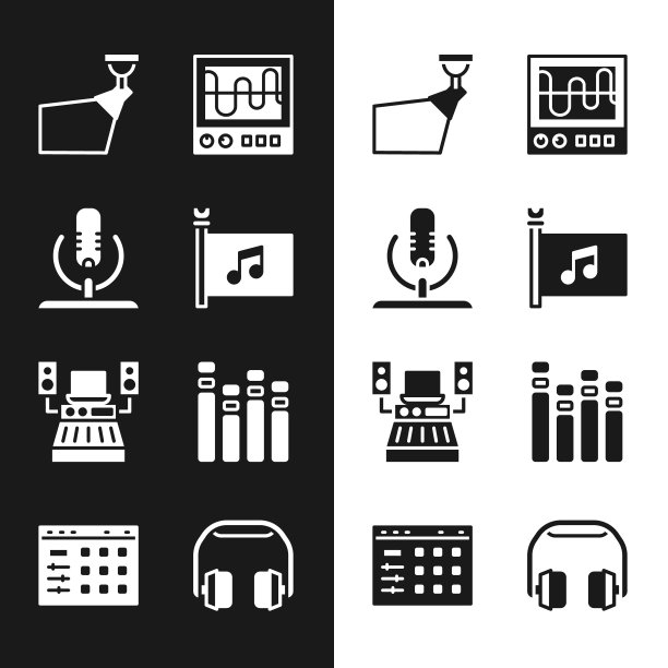 设置音乐节旗帜，麦克风，电影聚光灯，示波器，录音棚，均衡器，耳机和鼓机图标。向量图片下载