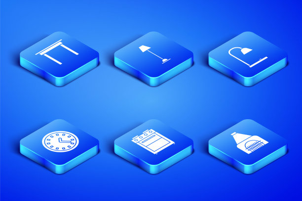 设置室内壁炉，木桌，烤箱，时钟，落地灯和桌子图标。向量图片下载