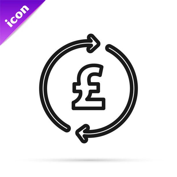 黑线硬币与英镑符号图标孤立在白色背景。银行货币标志。现金的象征。向量图片下载
