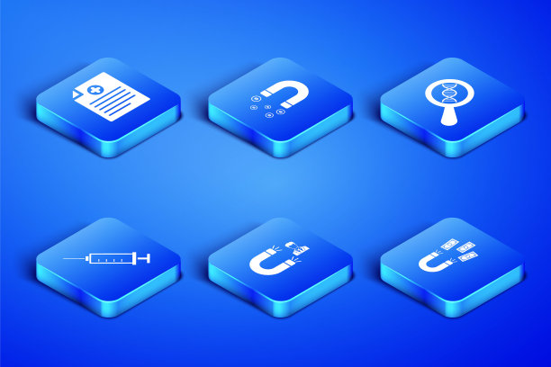 设置磁铁与金钱，临床记录，客户吸引，注射器，和DNA研究，搜索图标。向量图片下载