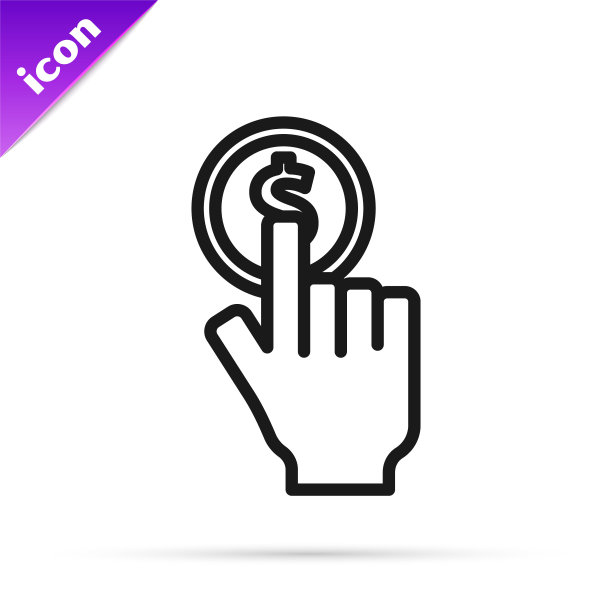 黑线手握硬币图标孤立在白色背景。美元或USD符号。现金银行货币标志。向量图片下载