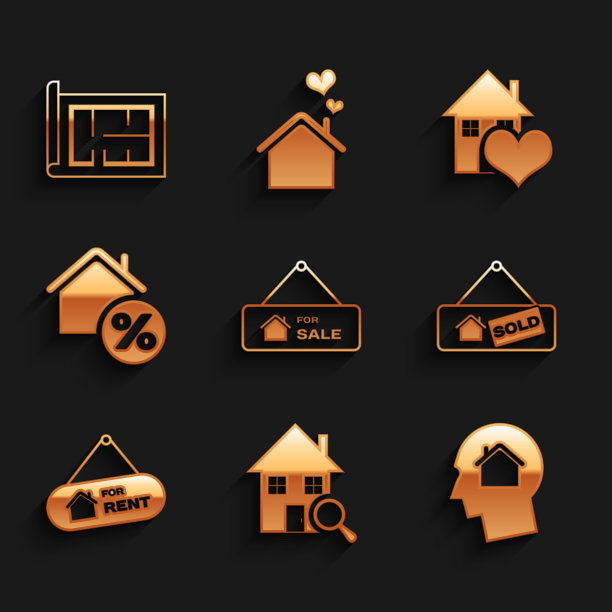 设置悬挂的标志出售，搜索房子，男人梦想购买，出售，出租，房子的百分比，心形和计划图标。向量图片下载