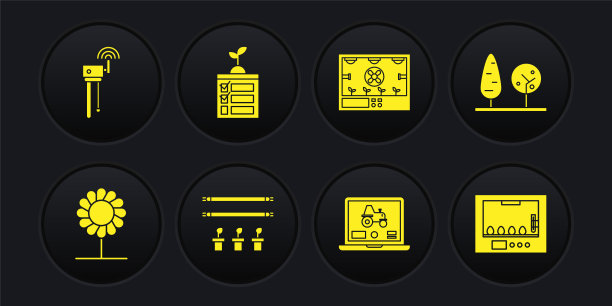 集花，树，智能农场与灯泡和植物，笔记本电脑应用智能，农业技术，孵化器鸡蛋和路由器wi-fi信号图标。向量图片下载