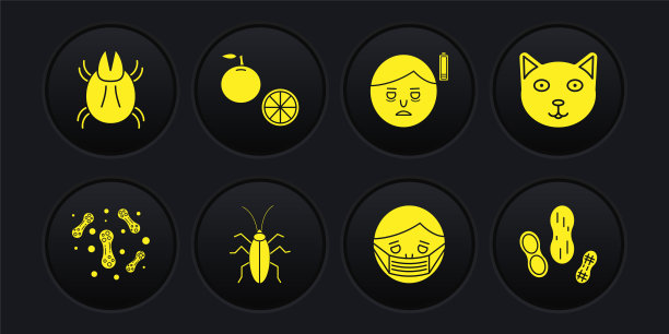 细菌、宠物、蟑螂、防护面罩、疲劳、橙子、花生和寄生螨图标矢量图图片下载