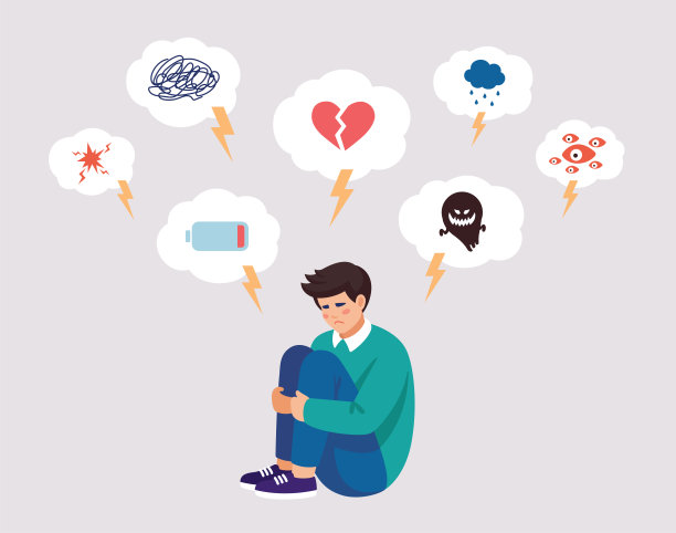 矢量插图关于精神问题在平面风格。男孩被抑郁症的症状包围着。图片下载